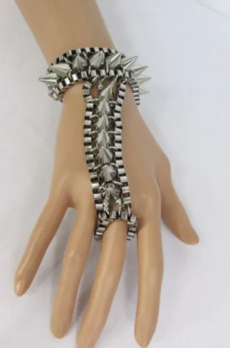 Gold Silver Metal Hand Chain Bracelet Connected Multi Spikes Women Trendy
