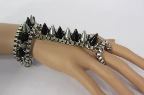 Gold Silver Metal Hand Chain Bracelet Connected Multi Spikes Women Trendy