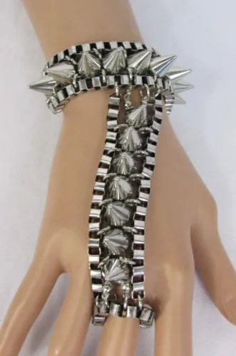 Gold Silver Metal Hand Chain Bracelet Connected Multi Spikes Women Trendy