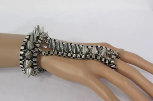 Gold Silver Metal Hand Chain Bracelet Connected Multi Spikes Women Trendy