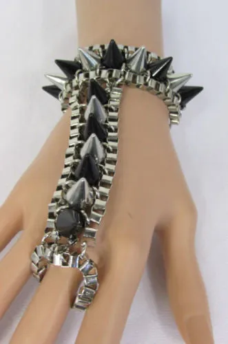 Gold Silver Metal Hand Chain Bracelet Connected Multi Spikes Women Trendy