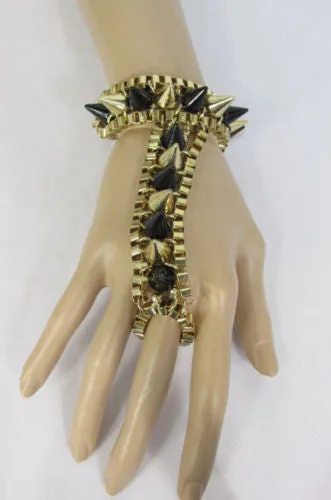 Gold Silver Metal Hand Chain Bracelet Connected Multi Spikes Women Trendy