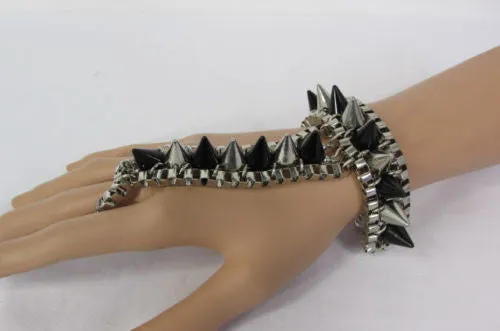 Gold Silver Metal Hand Chain Bracelet Connected Multi Spikes Women Trendy