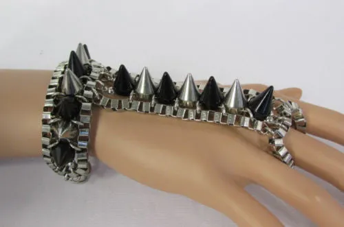 Gold Silver Metal Hand Chain Bracelet Connected Multi Spikes Women Trendy