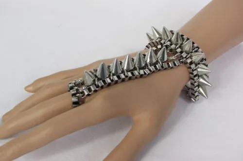 Gold Silver Metal Hand Chain Bracelet Connected Multi Spikes Women Trendy