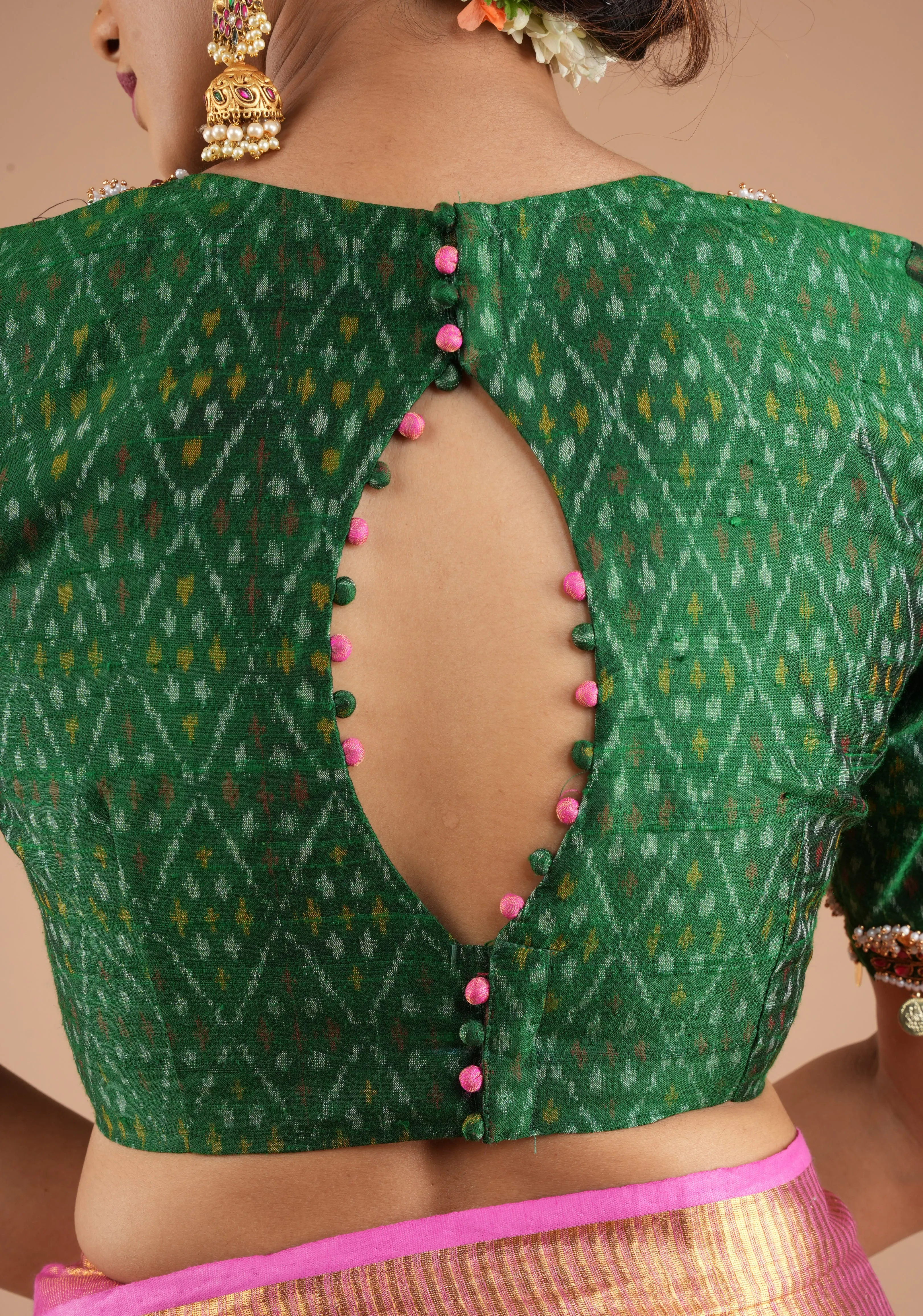 Green Ikkat Pure Raw Silk Blouse with Kemp and Moti Necklace and Bajuband design Handwork, Made to Order, Customizable