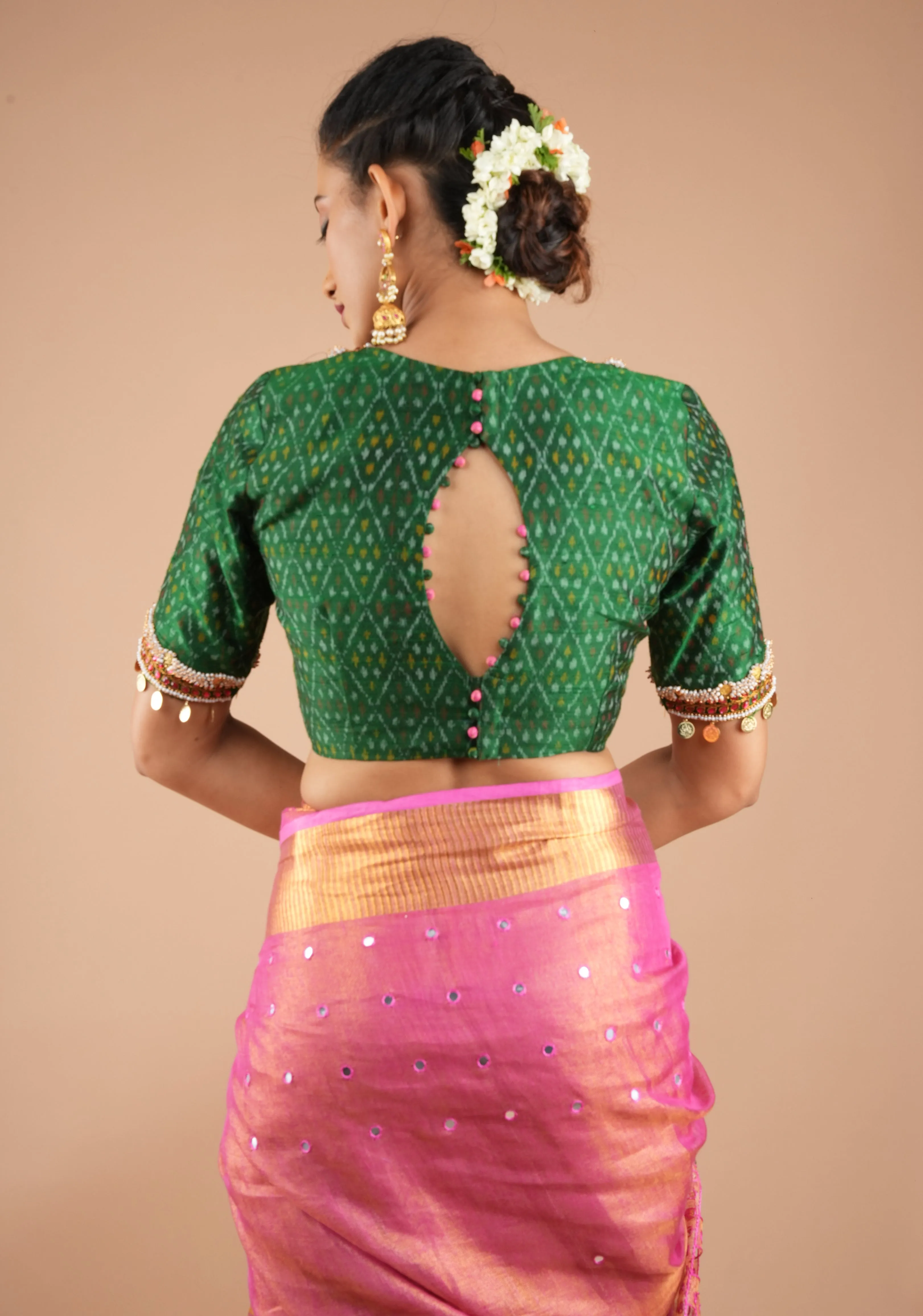 Green Ikkat Pure Raw Silk Blouse with Kemp and Moti Necklace and Bajuband design Handwork, Made to Order, Customizable