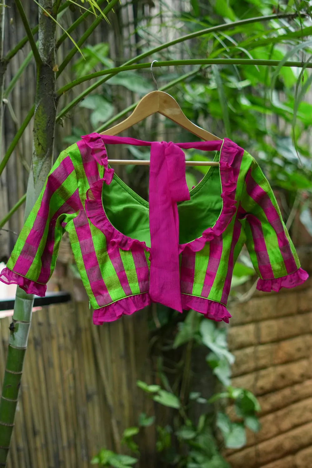 Green pink checked pure raw silk V neck blouse with chiffon frills