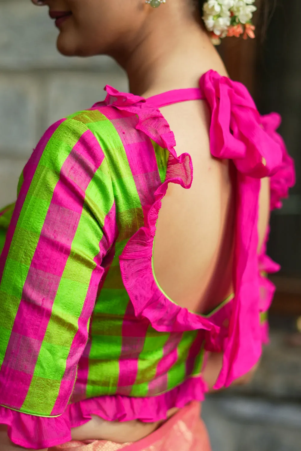 Green pink checked pure raw silk V neck blouse with chiffon frills