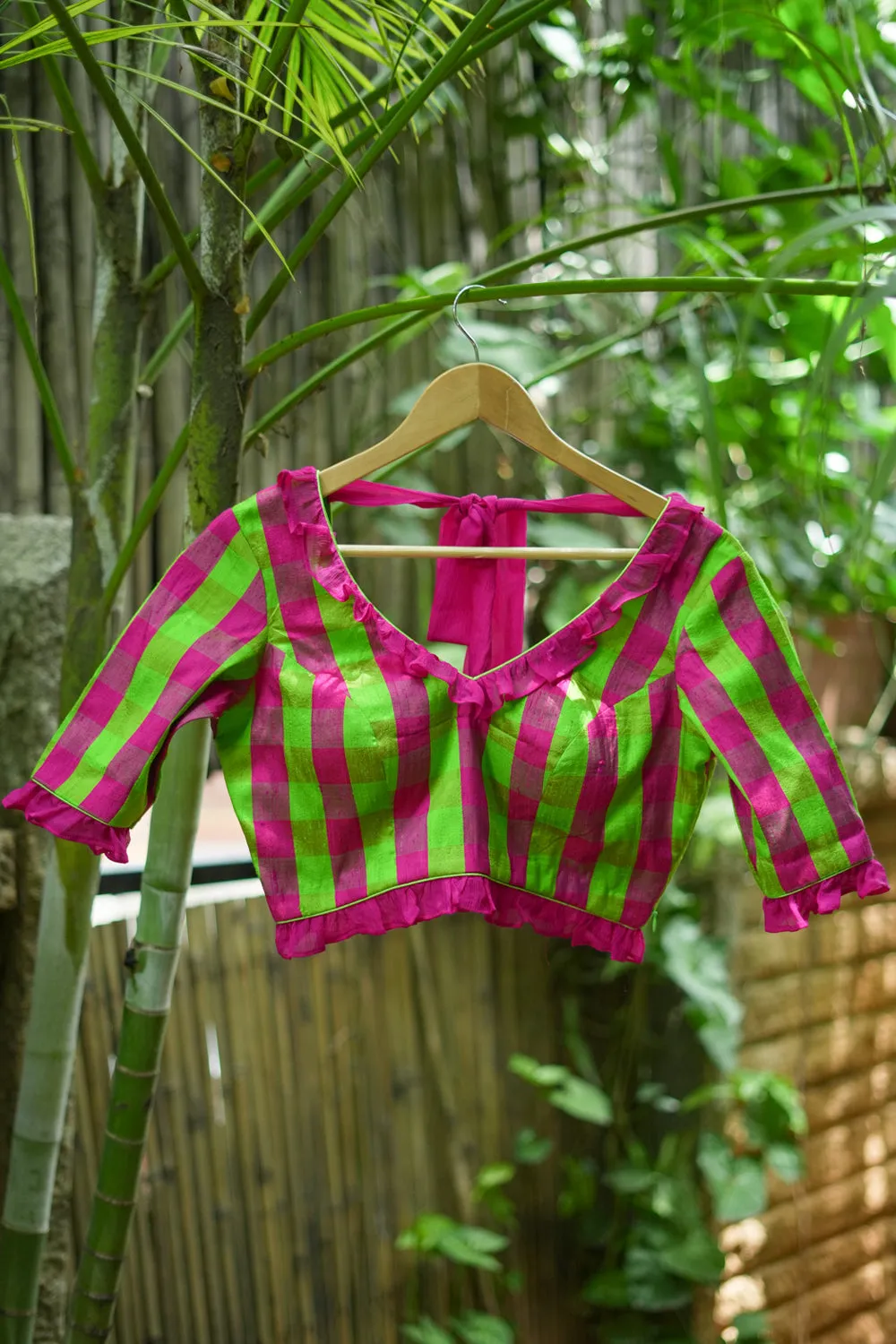 Green pink checked pure raw silk V neck blouse with chiffon frills