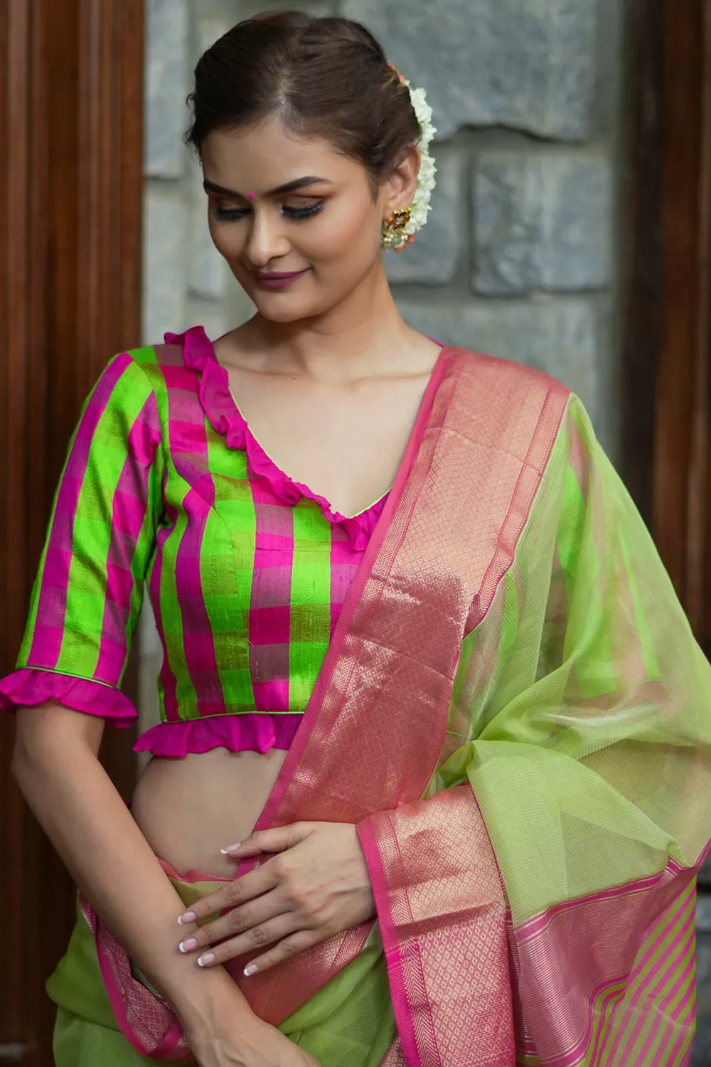 Green pink checked pure raw silk V neck blouse with chiffon frills