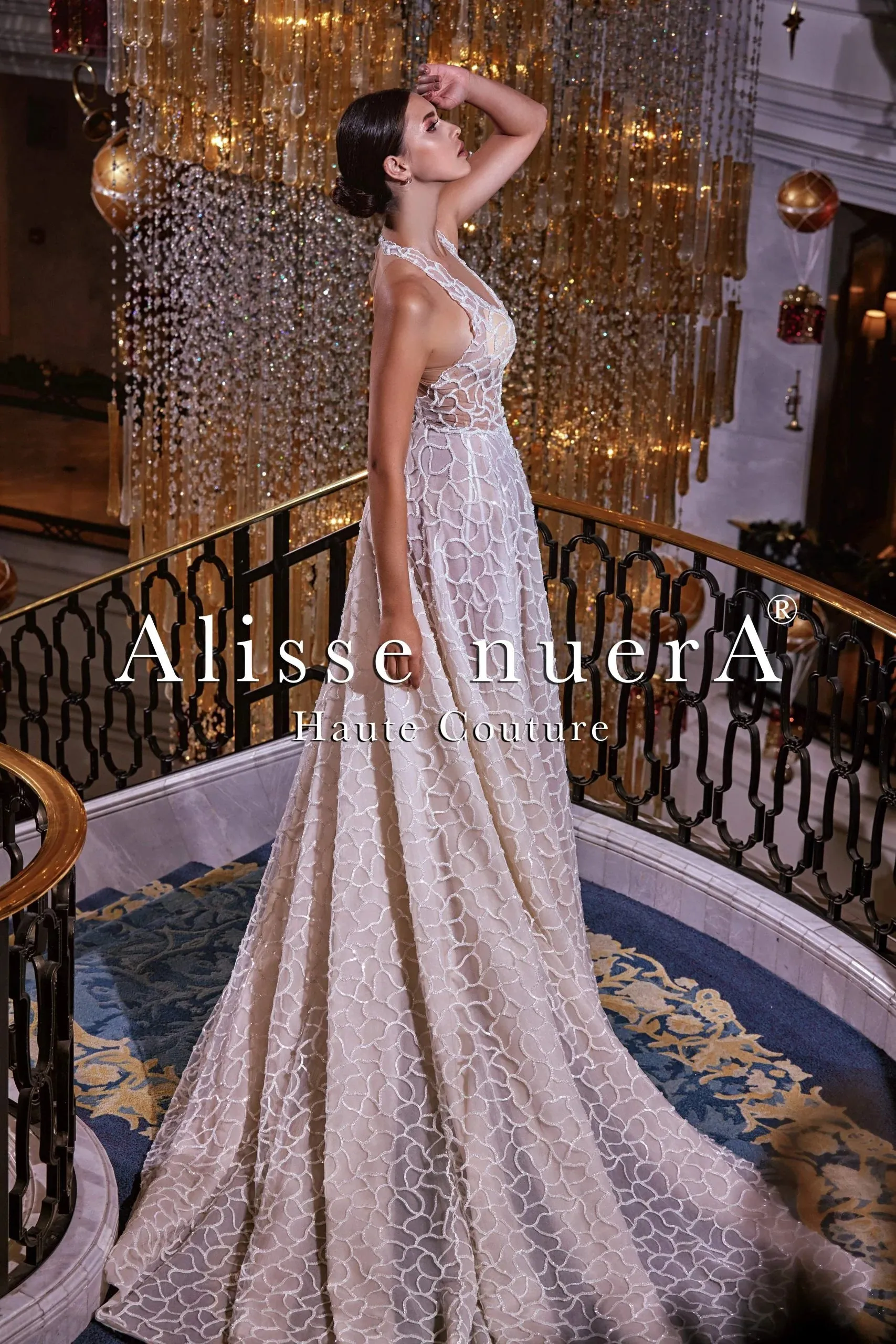Halter Strap Sequin Design Tulle Transparent Glittering Bridal Party Dress