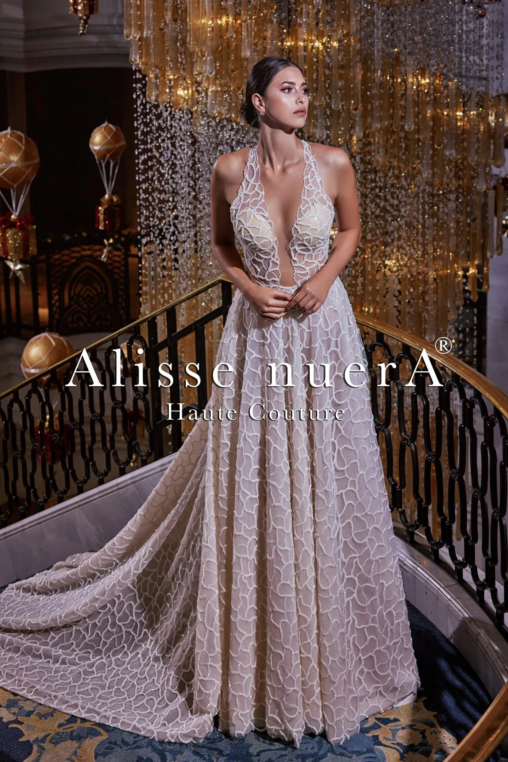 Halter Strap Sequin Design Tulle Transparent Glittering Bridal Party Dress