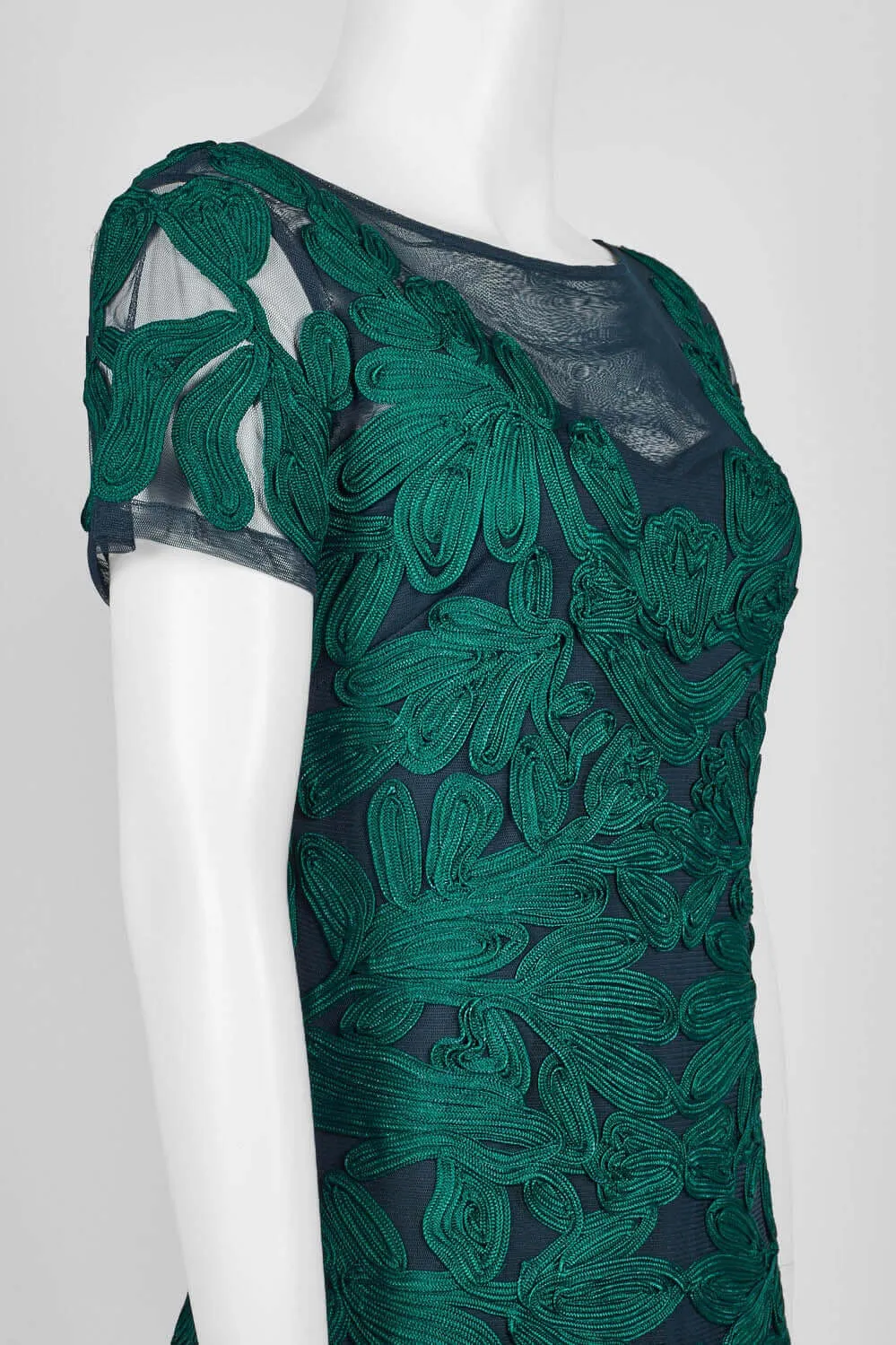 JS Collections Boat Neck Short Sleeve Zipper Slit Back Embellished Soutache Mesh Gown