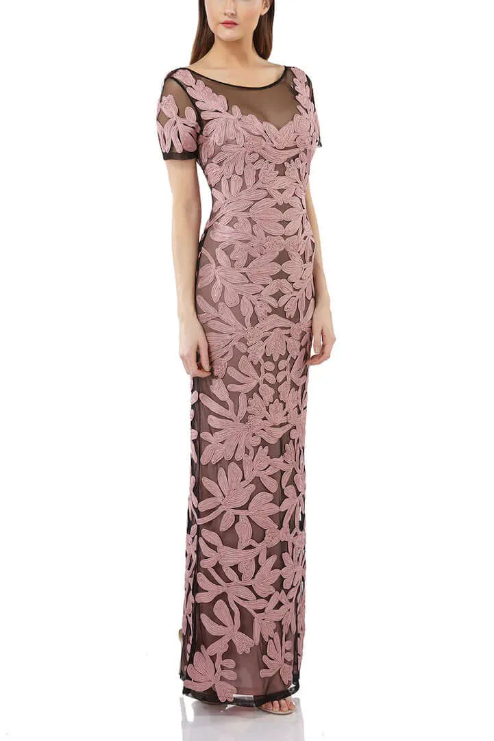 JS Collections Boat Neck Short Sleeve Zipper Slit Back Embellished Soutache Mesh Gown