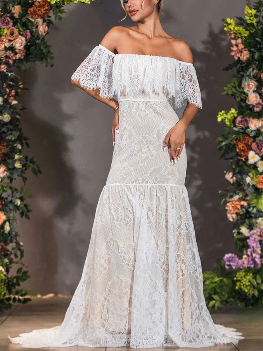 Lace Flutter Sleeve Wedding Dress Mermaid Off Shoulder