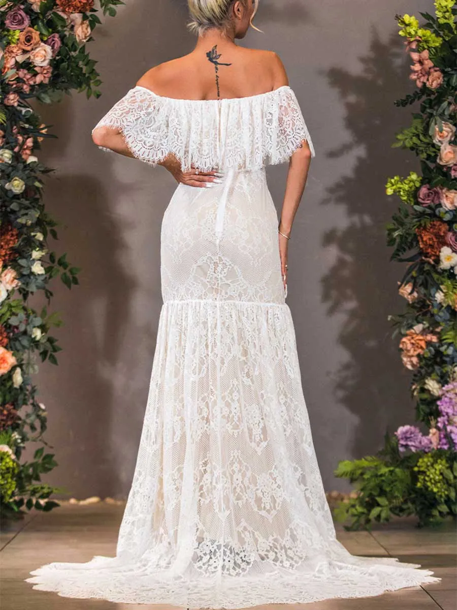 Lace Flutter Sleeve Wedding Dress Mermaid Off Shoulder