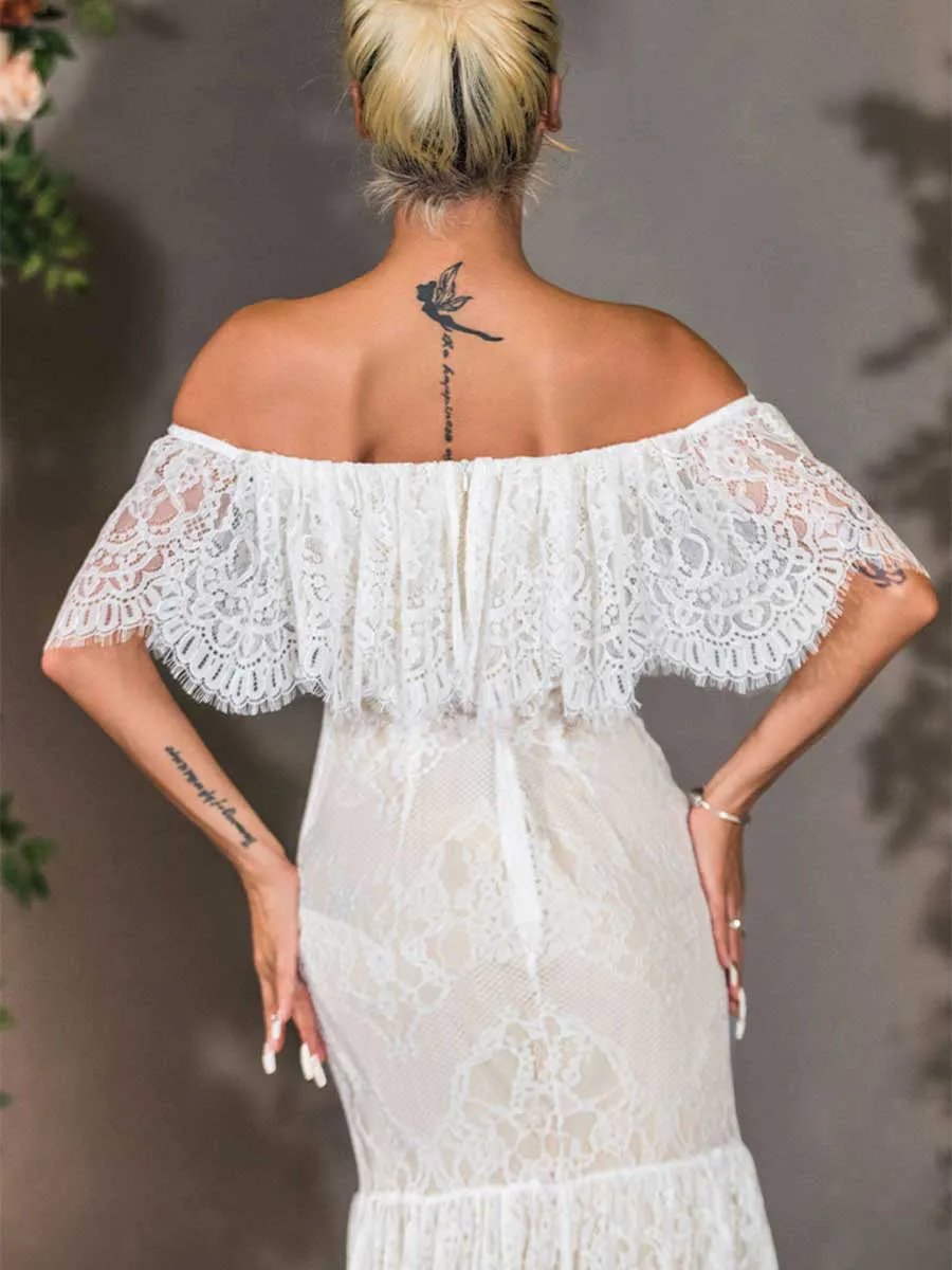 Lace Flutter Sleeve Wedding Dress Mermaid Off Shoulder