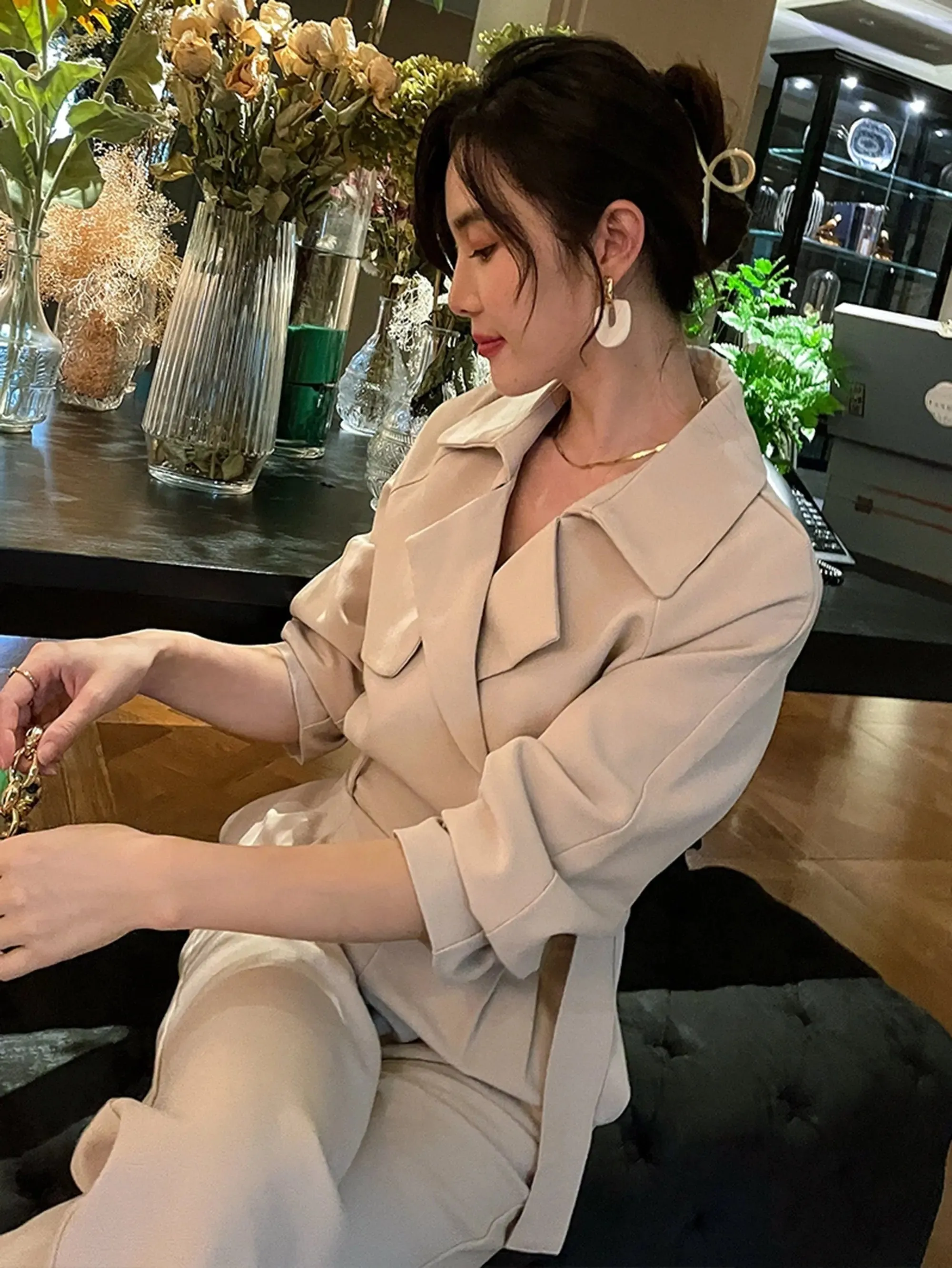 Light Khaki Belted Long Sleeve Jumpsuit