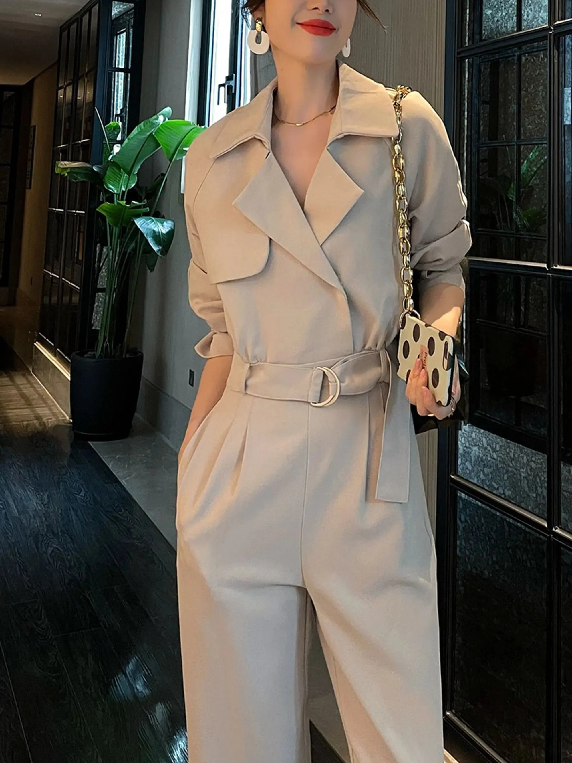 Light Khaki Belted Long Sleeve Jumpsuit