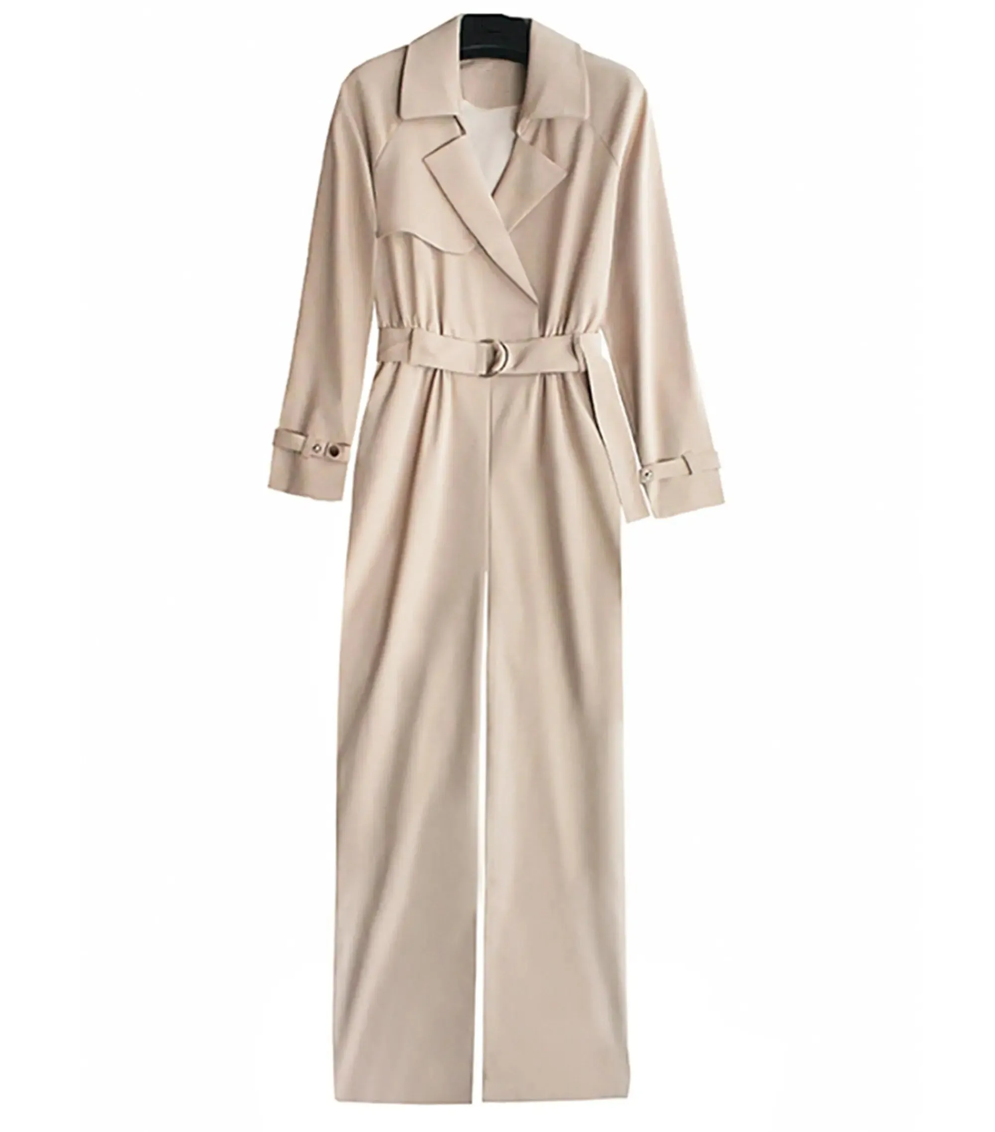 Light Khaki Belted Long Sleeve Jumpsuit