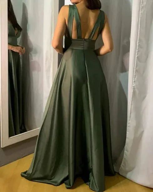 Long Satin V Neck Empire Bridesmaid Dresses A-Line Evening Dresses Sexy Solid Color