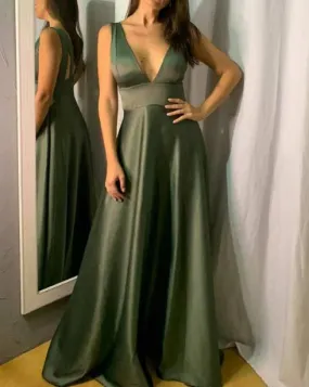 Long Satin V Neck Empire Bridesmaid Dresses A-Line Evening Dresses Sexy Solid Color