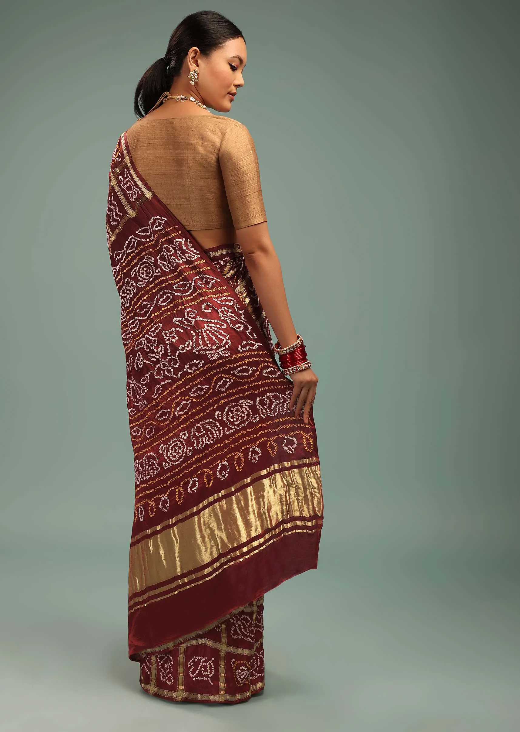 Maroon Red Saree In Pure Silk With Bandhani Print & Brocade Work