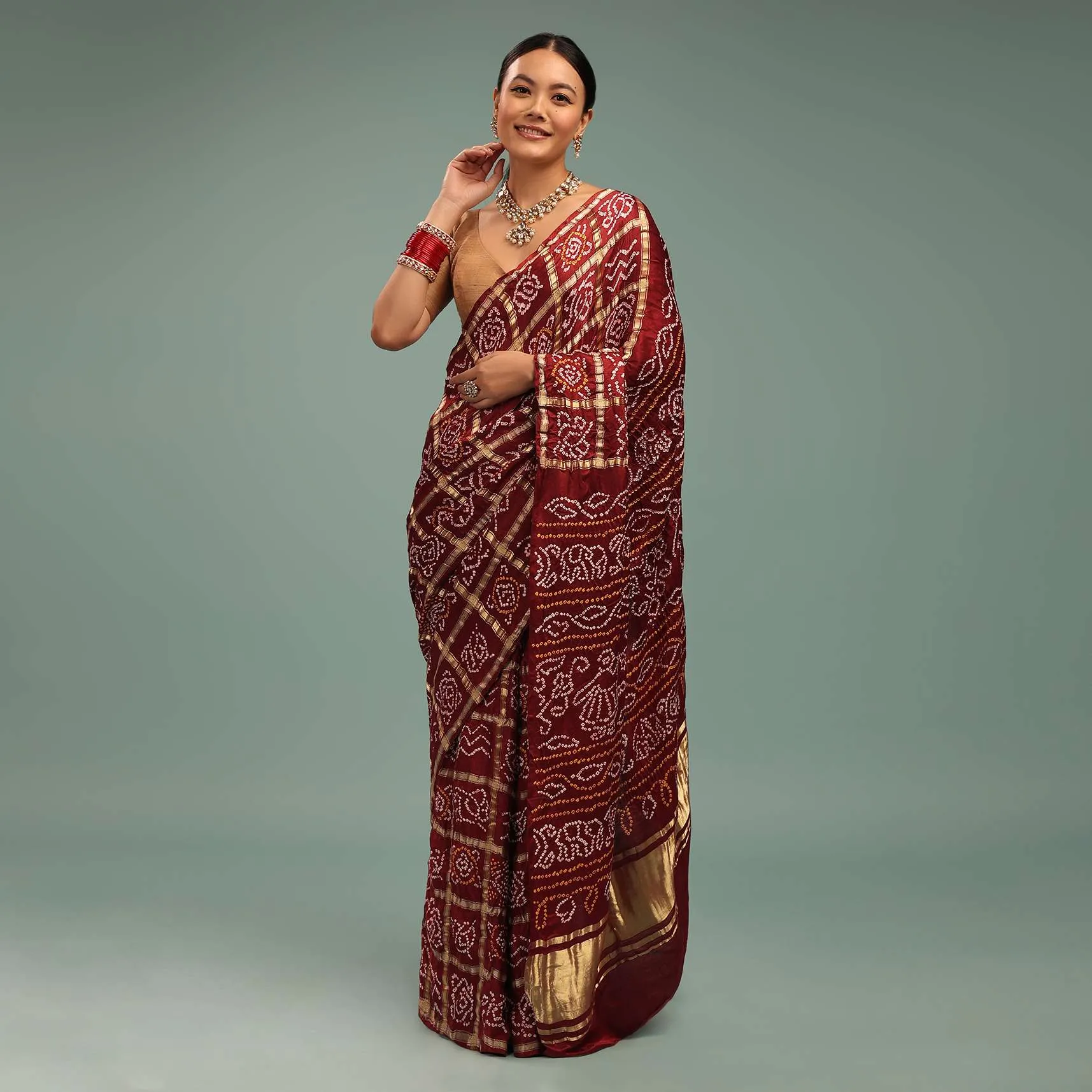 Maroon Red Saree In Pure Silk With Bandhani Print & Brocade Work