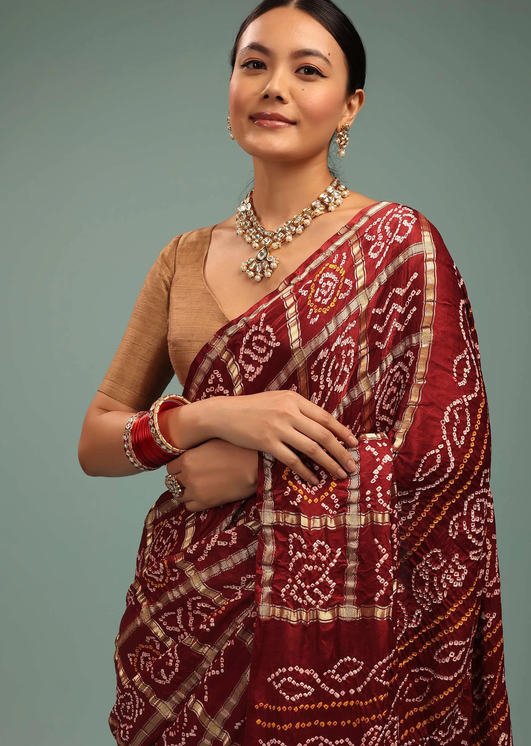 Maroon Red Saree In Pure Silk With Bandhani Print & Brocade Work