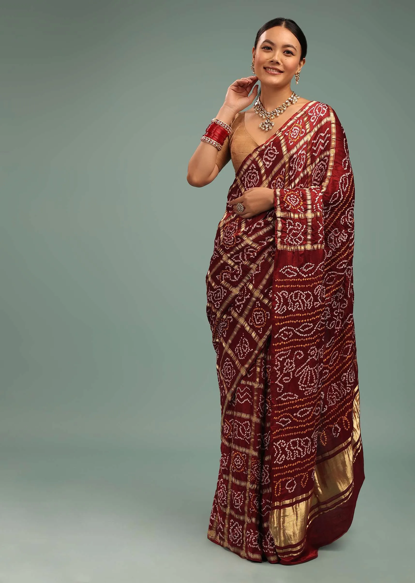 Maroon Red Saree In Pure Silk With Bandhani Print & Brocade Work