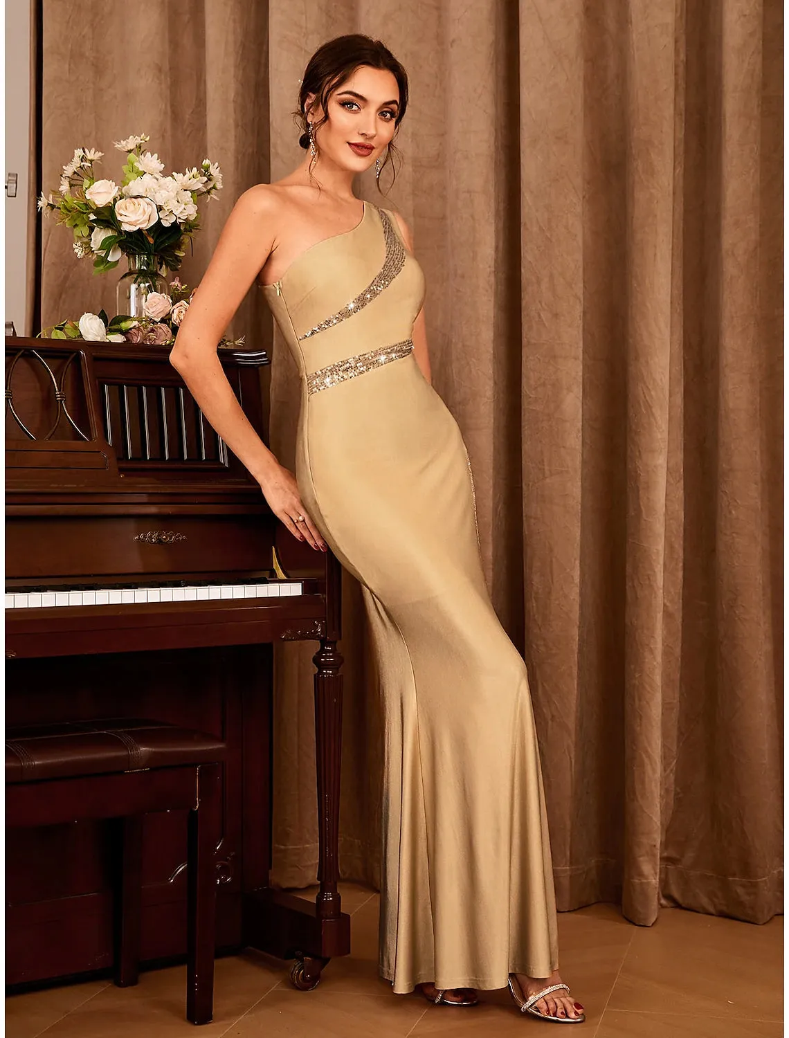 Mermaid / Trumpet Party Dresses Sexy Dress Wedding Party Floor Length Sleeveless One Shoulder Stretch Satin