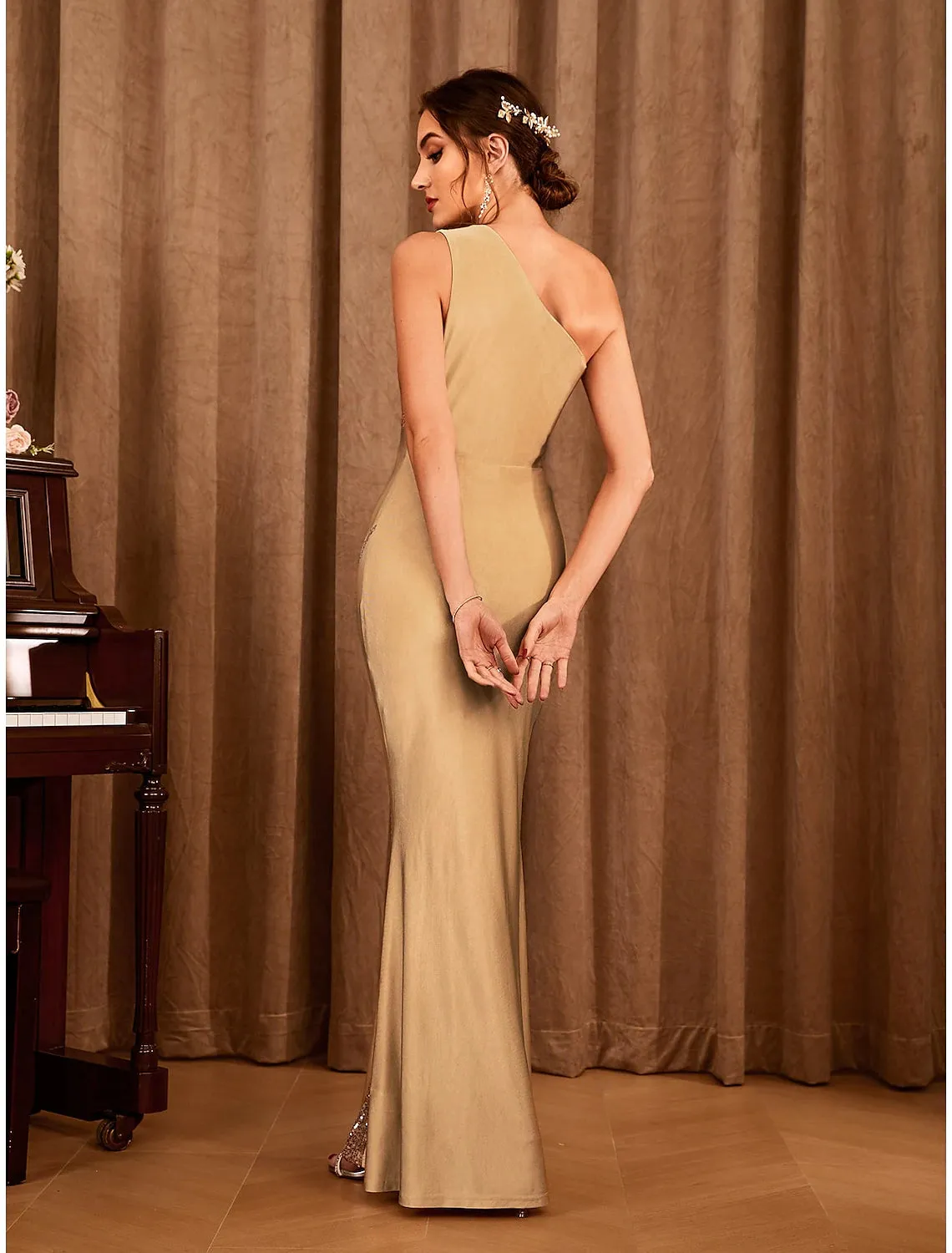 Mermaid / Trumpet Party Dresses Sexy Dress Wedding Party Floor Length Sleeveless One Shoulder Stretch Satin