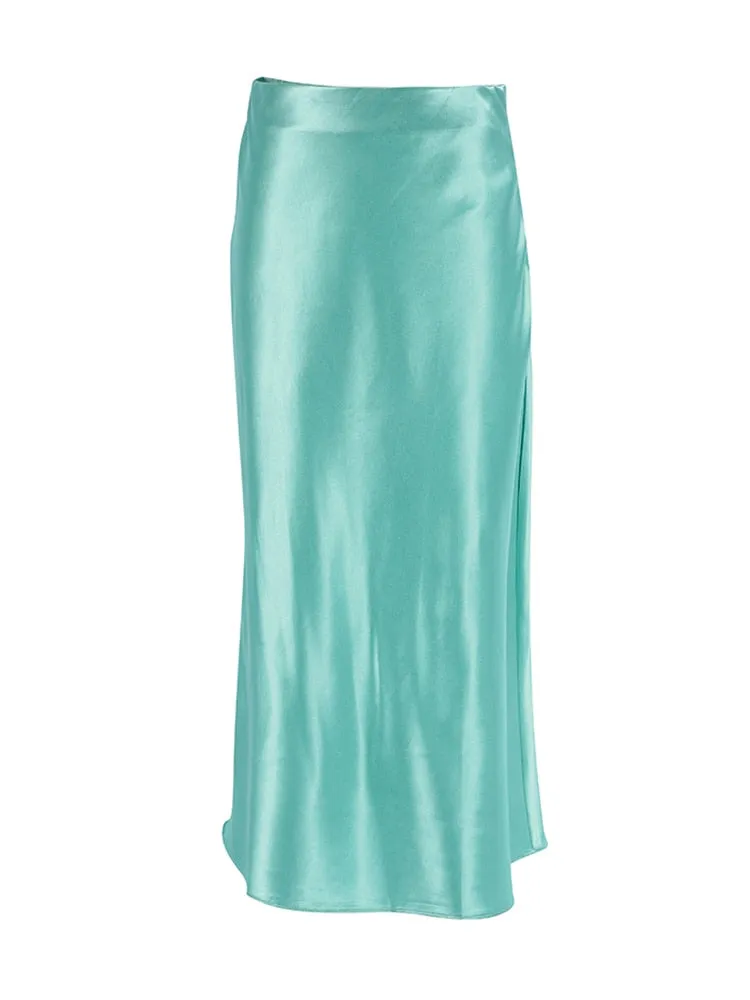 Mnealways18 Solid Purple Satin Silk Skirt Women High Waisted Summer Long Skirt New 2023 Elegant Ladies Office Skirts