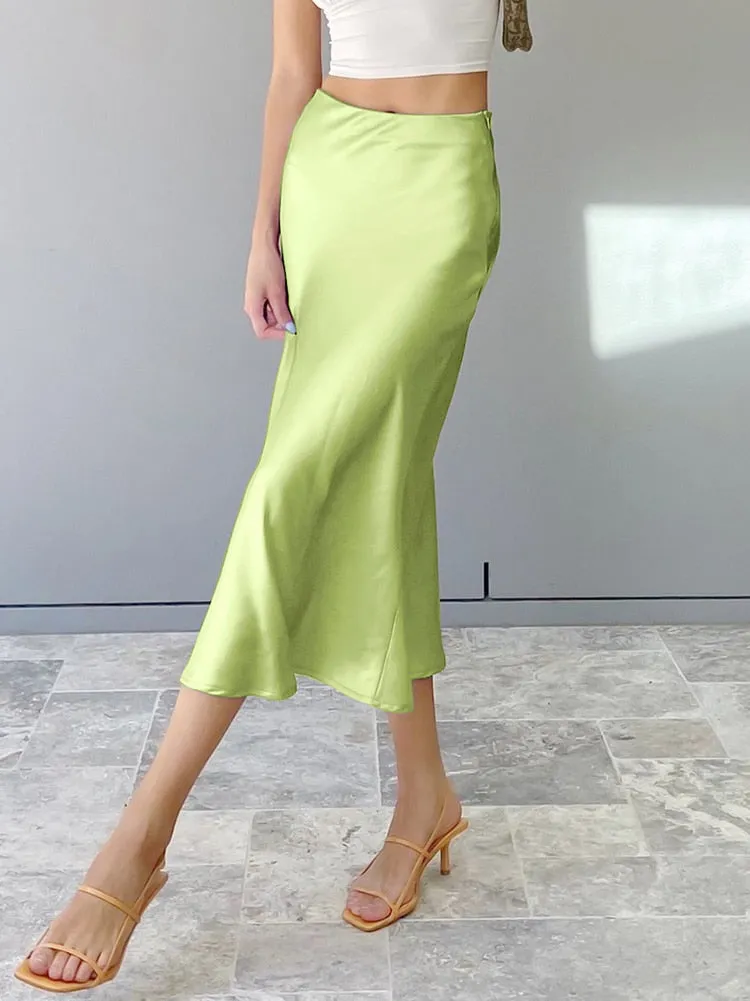 Mnealways18 Solid Purple Satin Silk Skirt Women High Waisted Summer Long Skirt New 2023 Elegant Ladies Office Skirts