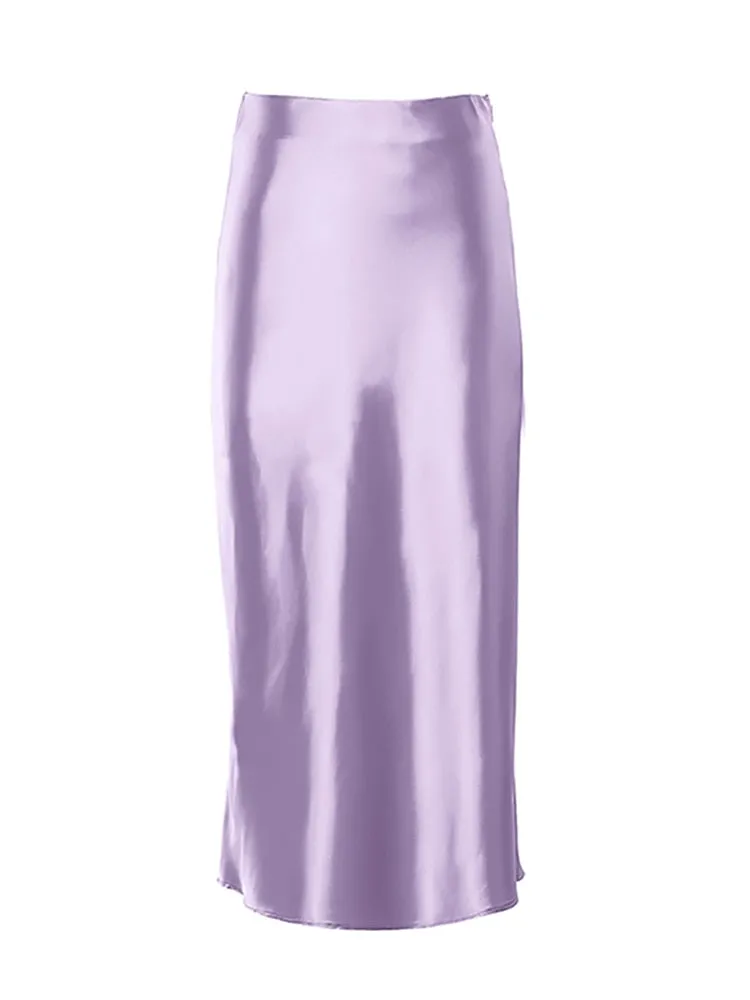 Mnealways18 Solid Purple Satin Silk Skirt Women High Waisted Summer Long Skirt New 2023 Elegant Ladies Office Skirts