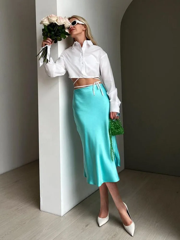 Mnealways18 Solid Purple Satin Silk Skirt Women High Waisted Summer Long Skirt New 2023 Elegant Ladies Office Skirts