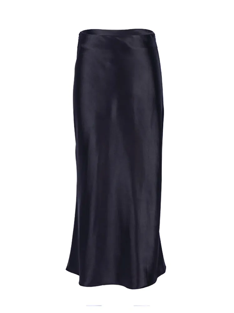 Mnealways18 Solid Purple Satin Silk Skirt Women High Waisted Summer Long Skirt New 2023 Elegant Ladies Office Skirts