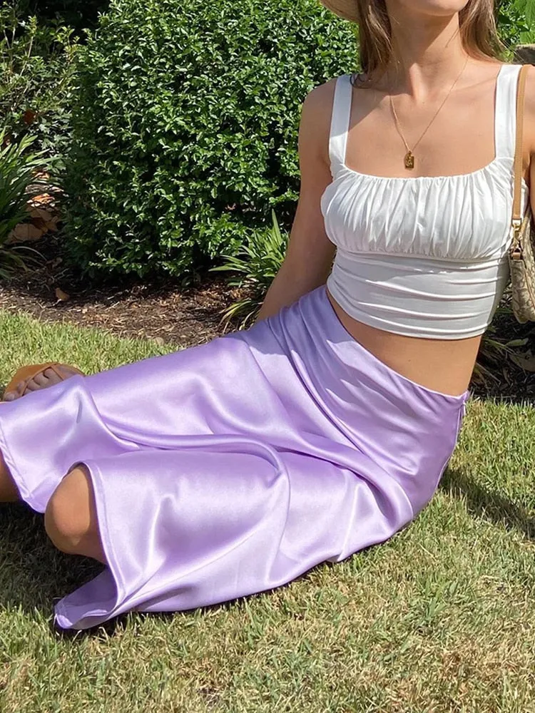 Mnealways18 Solid Purple Satin Silk Skirt Women High Waisted Summer Long Skirt New 2023 Elegant Ladies Office Skirts