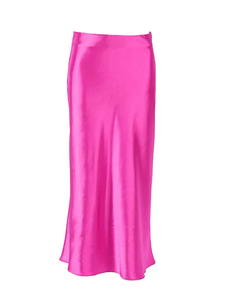 Mnealways18 Solid Purple Satin Silk Skirt Women High Waisted Summer Long Skirt New 2023 Elegant Ladies Office Skirts