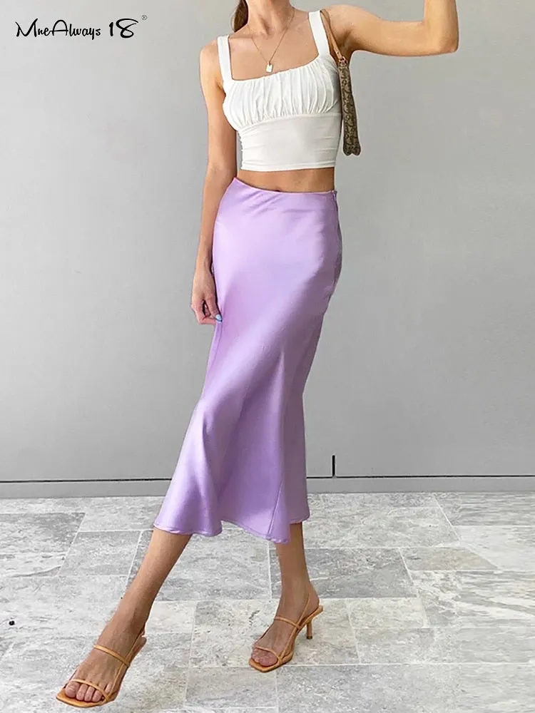 Mnealways18 Solid Purple Satin Silk Skirt Women High Waisted Summer Long Skirt New 2023 Elegant Ladies Office Skirts