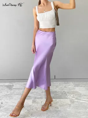 Mnealways18 Solid Purple Satin Silk Skirt Women High Waisted Summer Long Skirt New 2023 Elegant Ladies Office Skirts