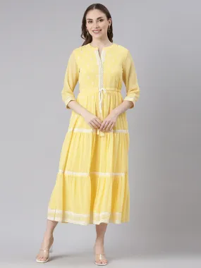 Neerus Yellow Georgette Straight Casual Ethnic Motifs Maxi Dresses