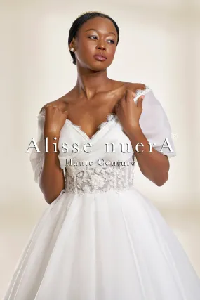 Off the Shoulder A Line Wedding Dress with Lace Waist Detail