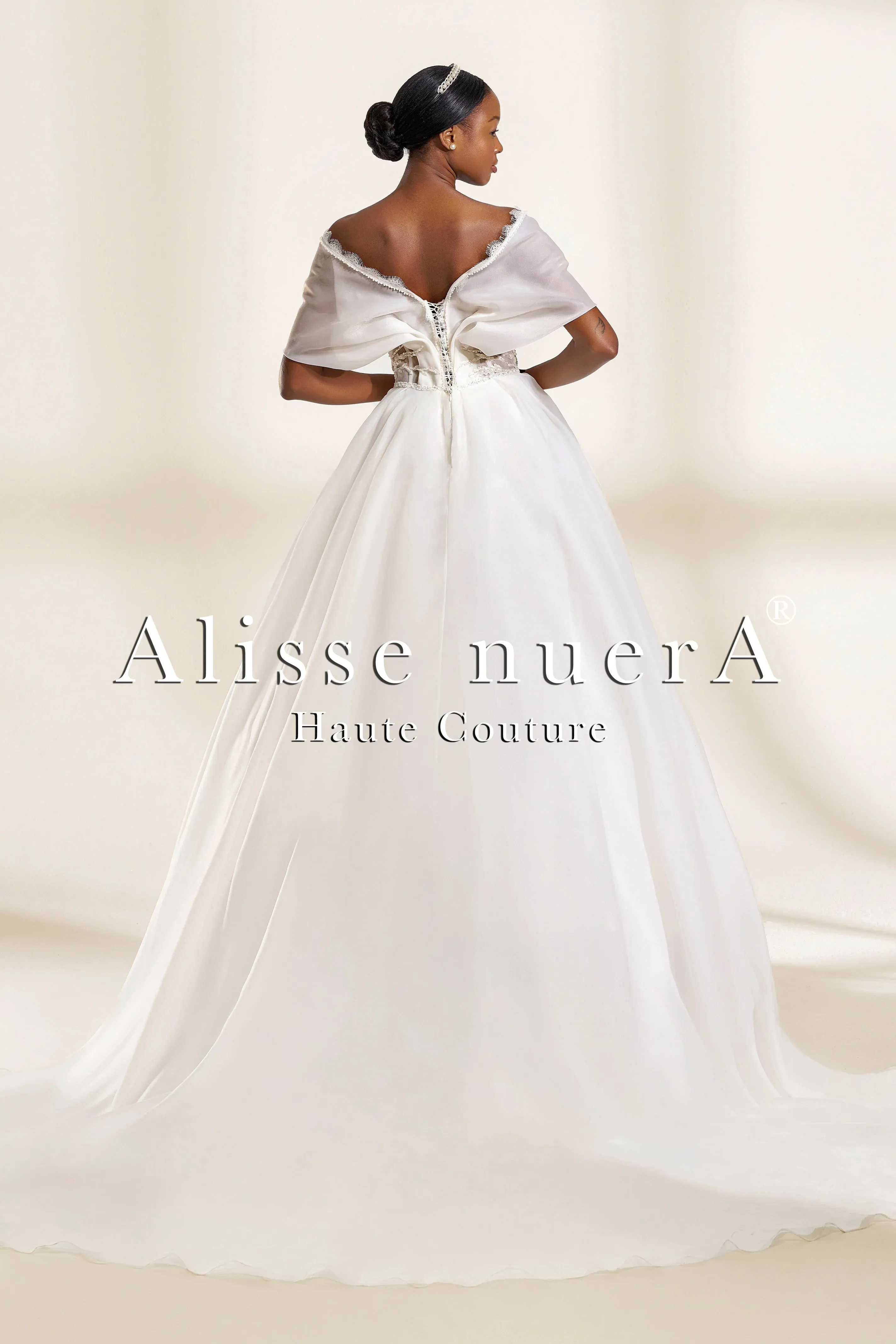 Off the Shoulder A Line Wedding Dress with Lace Waist Detail