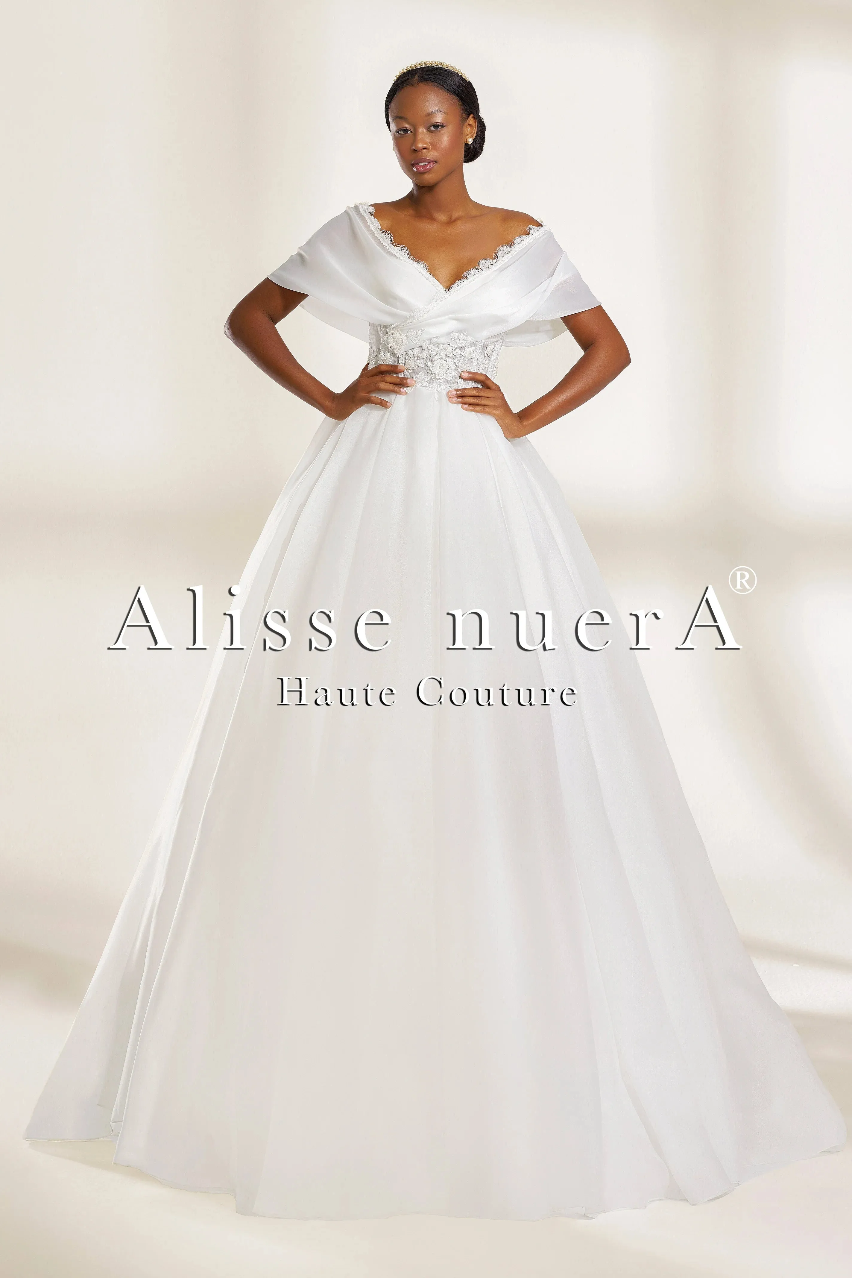 Off the Shoulder A Line Wedding Dress with Lace Waist Detail