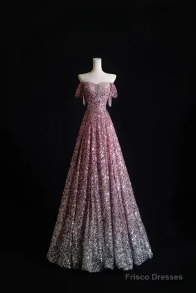 Pretty A Line Off The Shoulder Pink Sequin Long Prom Dresses Evening Gowns