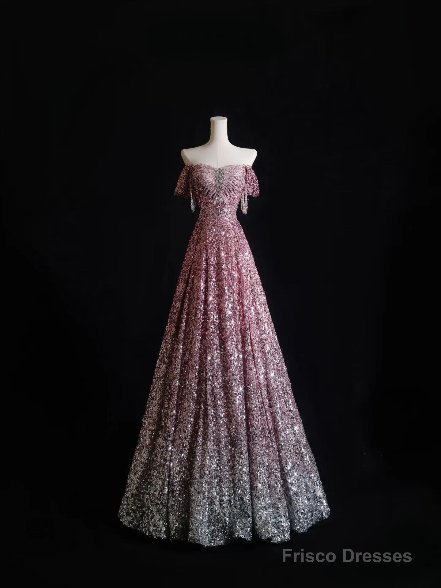 Pretty A Line Off The Shoulder Pink Sequin Long Prom Dresses Evening Gowns