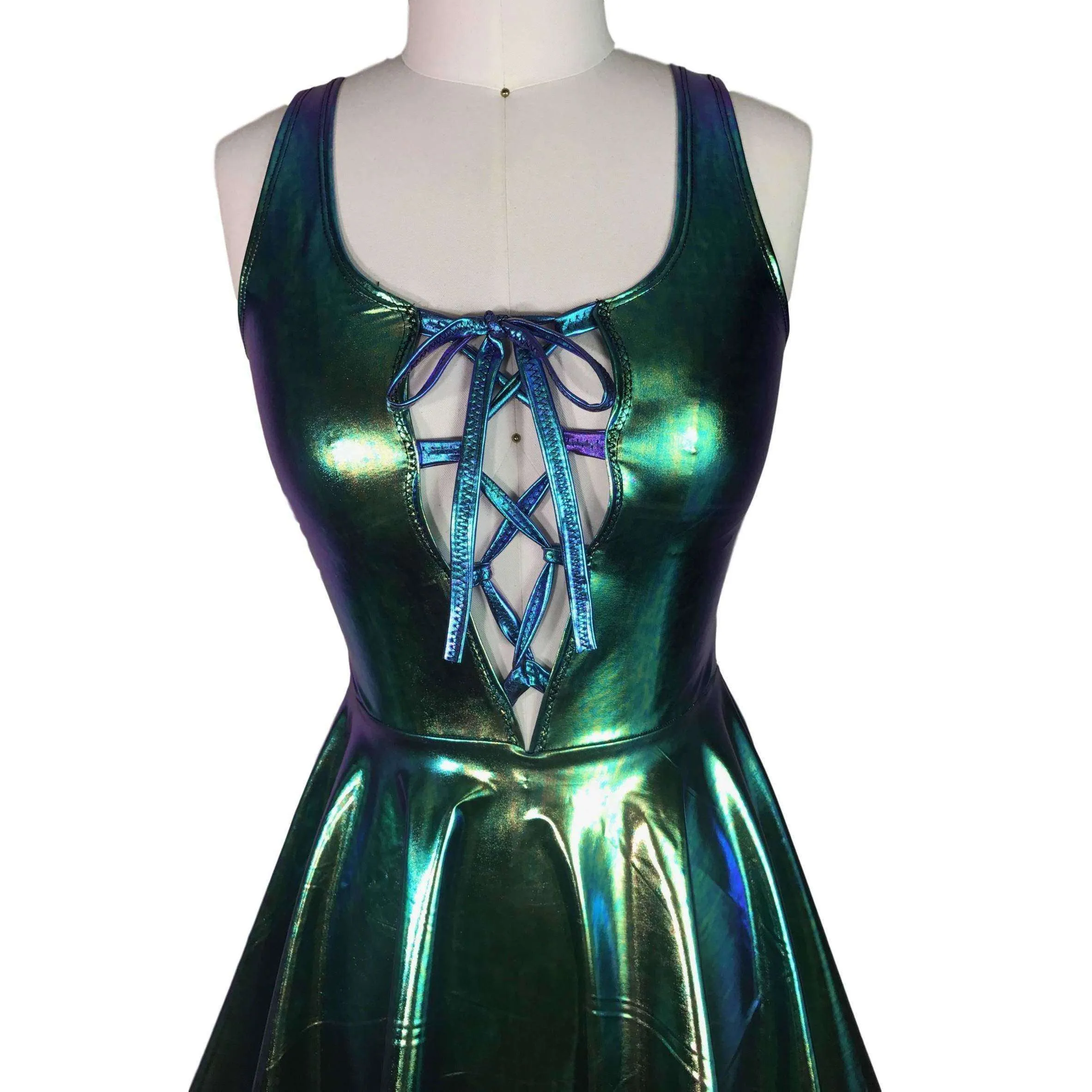 SALE - Lace-Up Holographic Oil Slick Skater fit n flare Dress