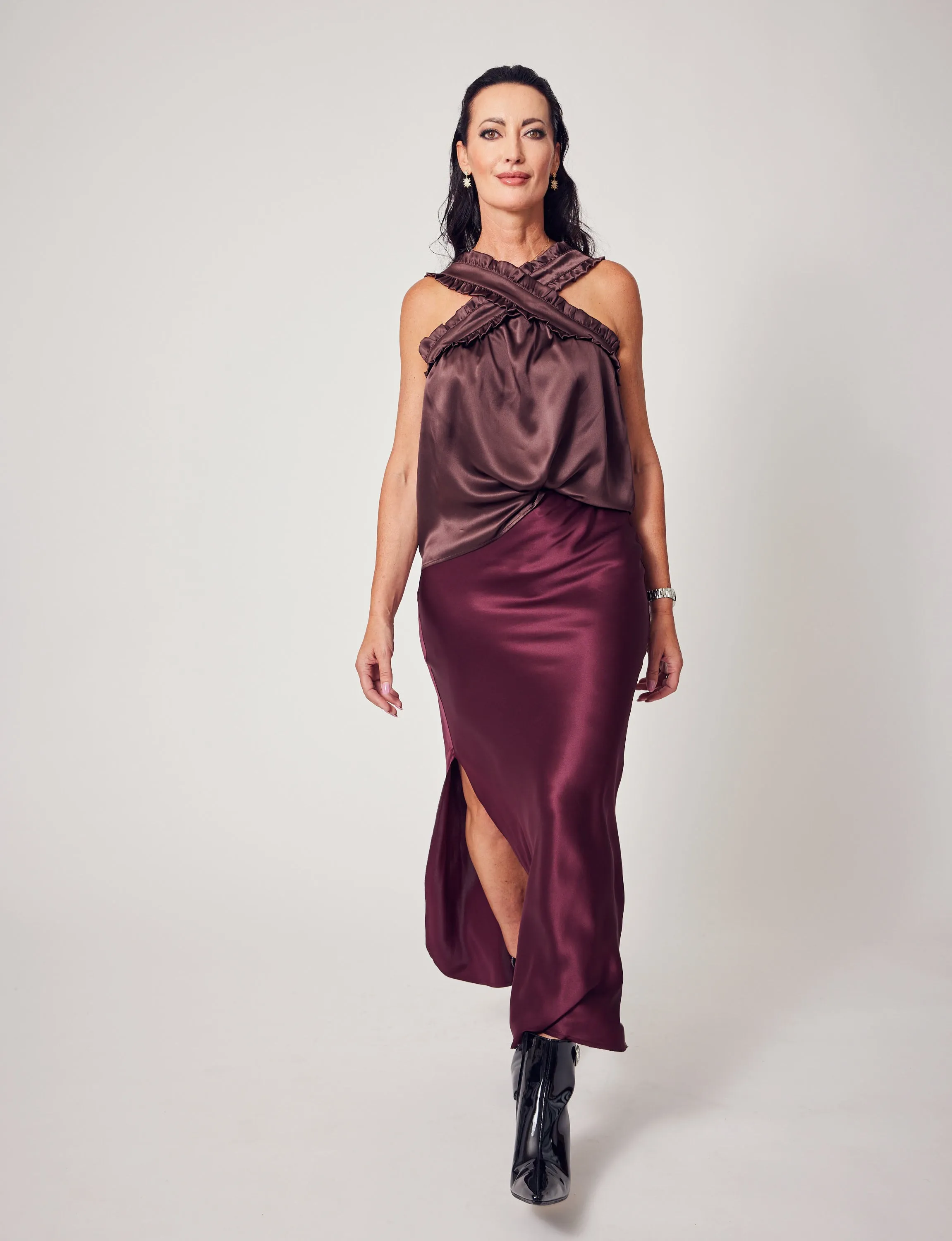 Silk Slit Skirt In Merlot